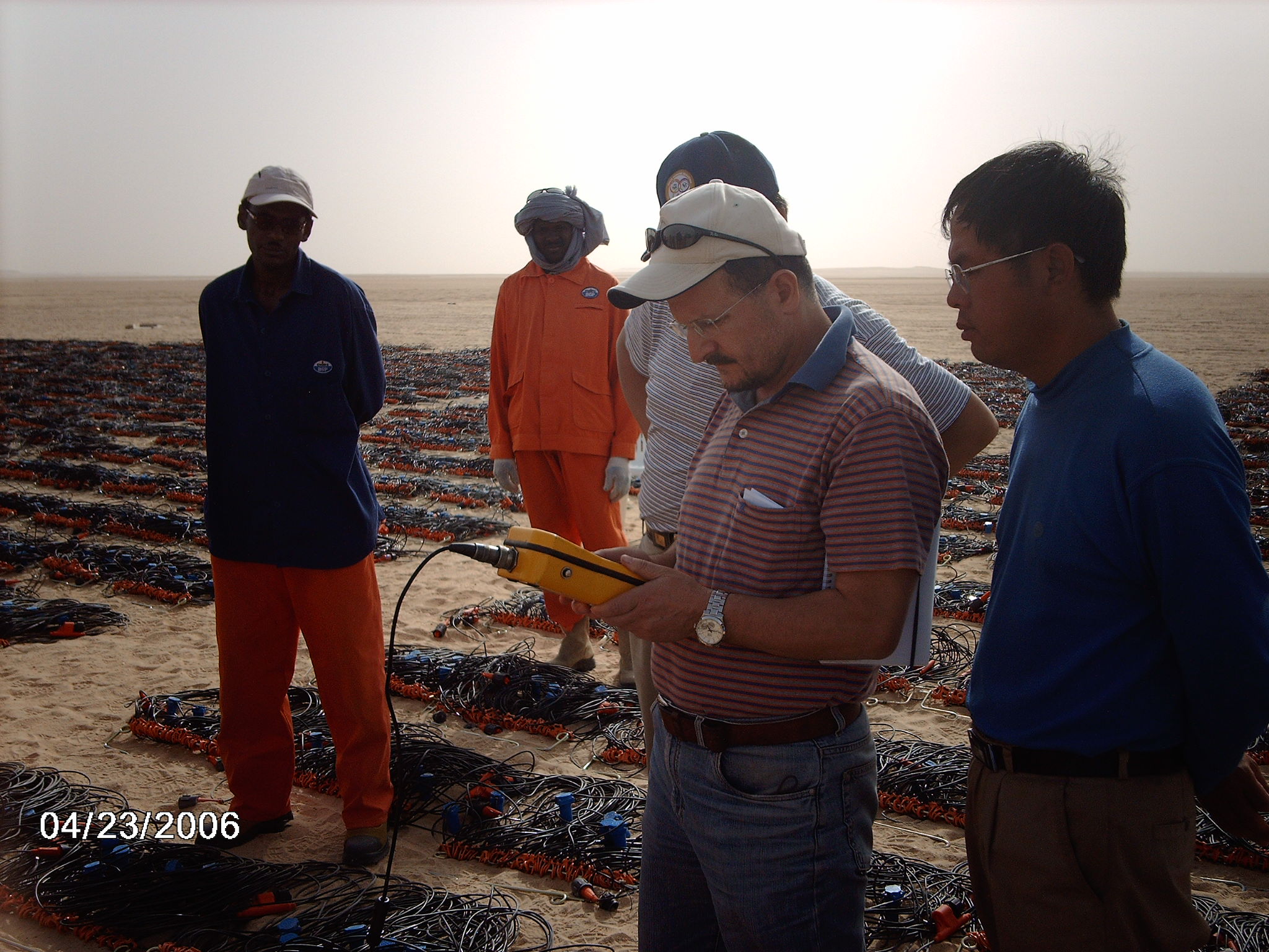 Geophone string checks at BGP camp in the Sirt Basin.